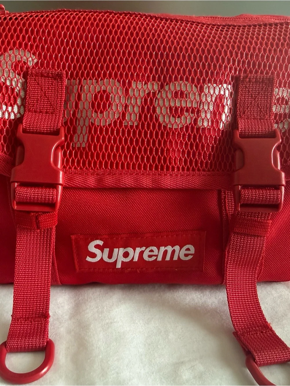 Supreme Red Mesh Waist Bag with White Logo - Picture 1 of 8